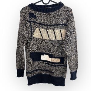 Vintage Laurel by Escada Linen Cotton Knit Navy cream print Jumper Sweater small